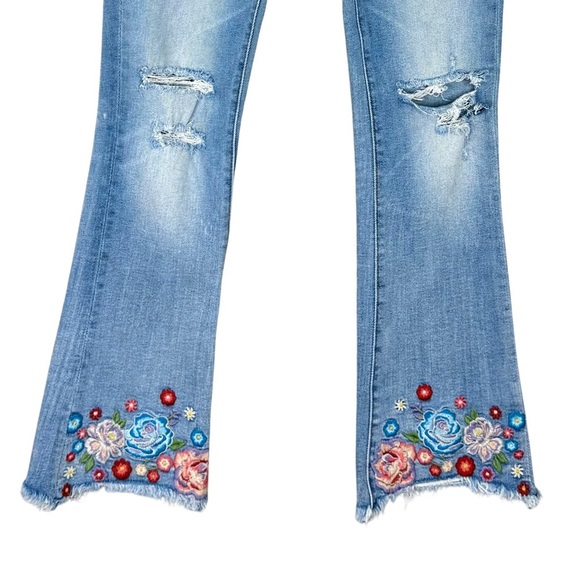 Driftwood Roxy Jeans Womens 25 Embroidered Mid Rise Kick Flare Raw Hem Stretch - Picture 3 of 7
